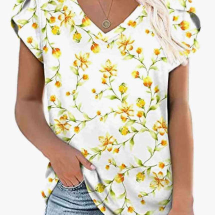 Chic Floral V-Neck Top with Delightful Petal Sleeves