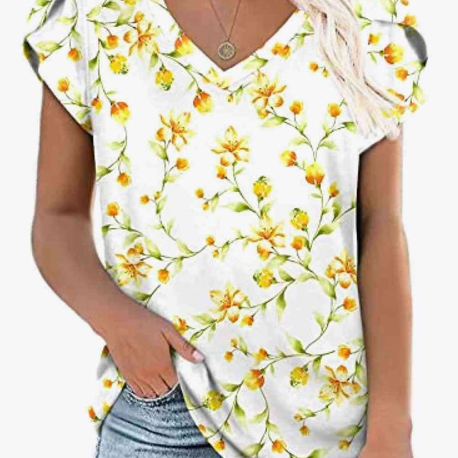 Chic Floral V-Neck Top with Delightful Petal Sleeves