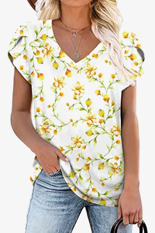 Petal Sleeve V-Neck Blouse: Floral, Striped, and Camo Print