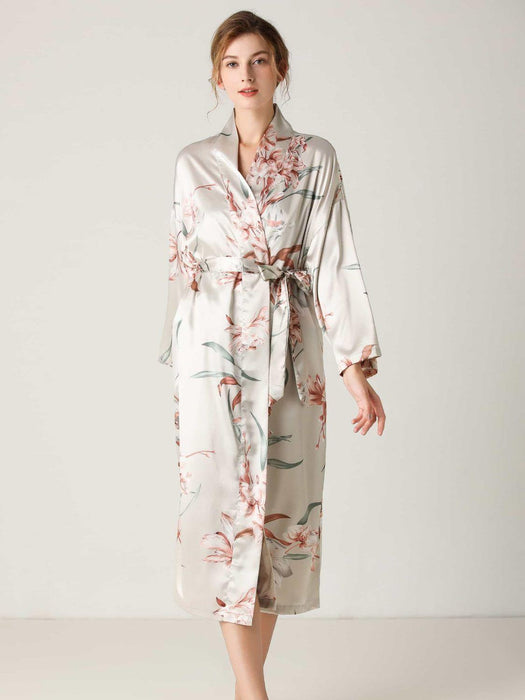 Floral Elegance Long Sleeve Wrap Robe with Waist Tie