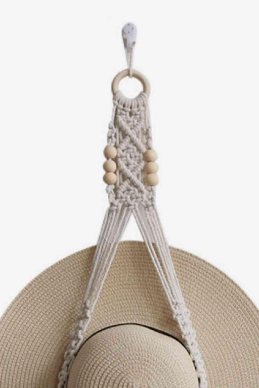 Cotton Macrame Hat Holder with Elegant Wooden Accents