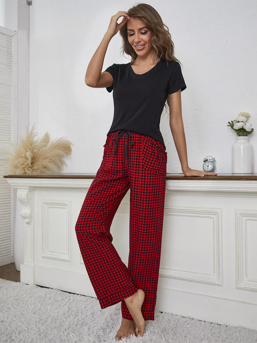 Cozy Plaid Lounge Set with V-Neck Top and Gingham Pants - Comfortable Plaid Loungewear Ensemble