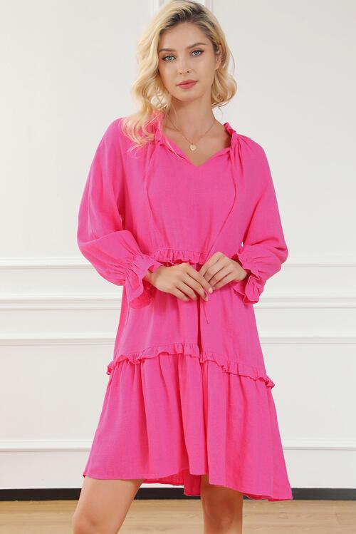 Flounce Sleeve Tiered Dress with Elegant Tie Neck