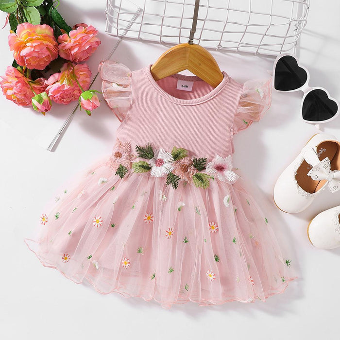 Charming Embellished Baby Dress with Flutter Sleeves and Cozy Cotton Blend