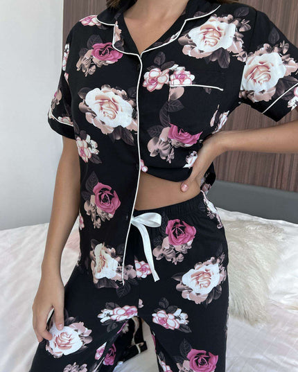 Floral Relaxation Lounge Outfit with Short-Sleeve Top and Trousers