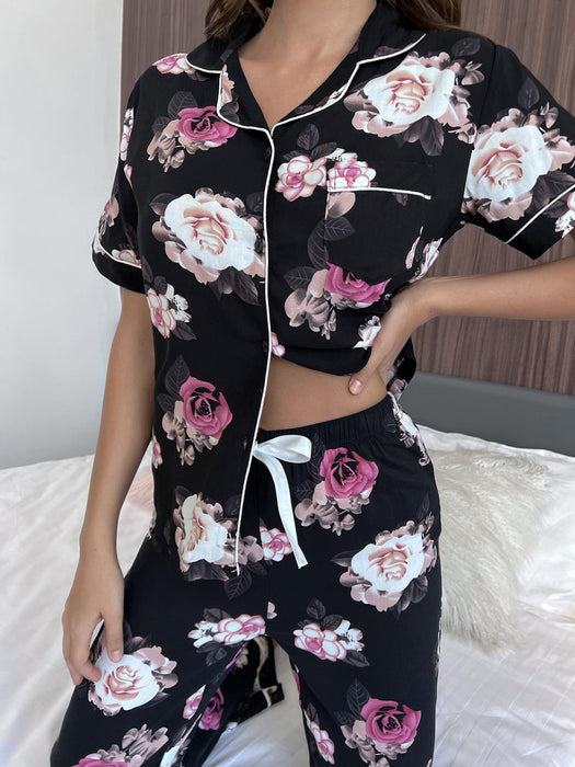 Floral Lounge Set with Short Sleeve Shirt and Pants