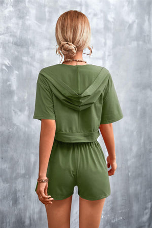 Half Zip Cropped Hooded T-Shirt and Shorts Set-Trendsi-Black-S-Très Elite