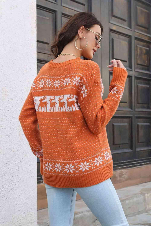 Cozy Winter Reindeer Print Pullover Sweater with Dropped Shoulders