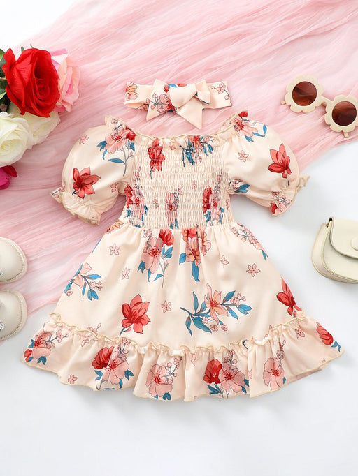 Floral Elegance Off-Shoulder Baby Dress with Smocked Frill Trim