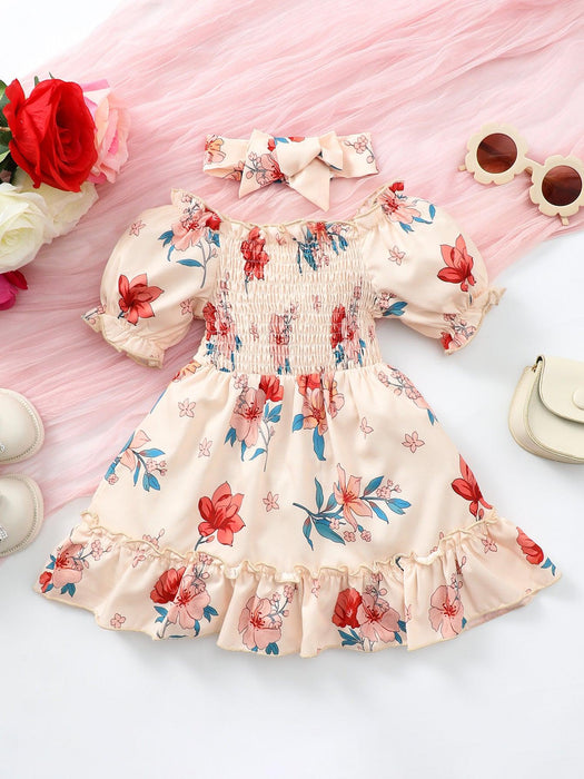 Charming Floral Off-Shoulder Baby Girl Dress with Smocked Frill Trim