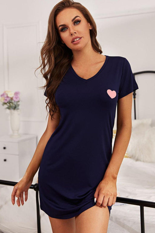 Heart Pattern V-Neck Short Sleeve Nightgown