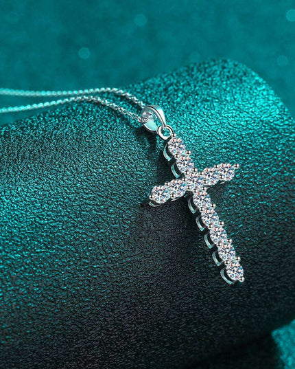 Elegant Rhodium-Finished Sterling Silver Cross Necklace with Lab-Diamonds