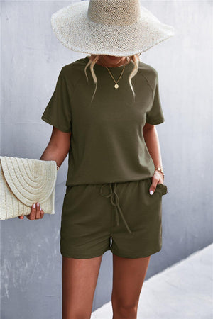 Raglan Sleeve Ruffle Hem Top and Shorts Set with Pockets-Trendsi-Army green-S-Très Elite