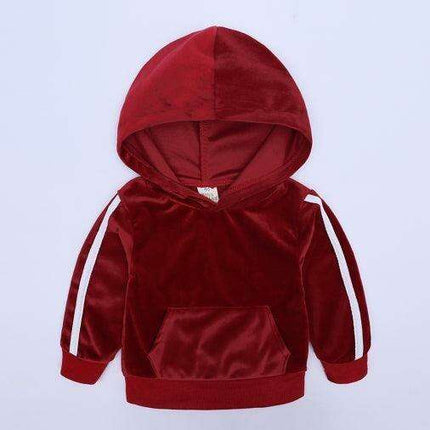 Trendy Gold Velvet Kids Hooded Pajama Set with Sporty Side Stripes