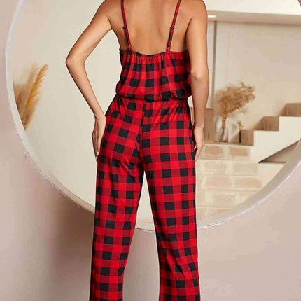 Elegant Spaghetti Strap Plaid Jumpsuit with Lace Detailing
