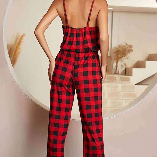 Elegant Spaghetti Strap Plaid Jumpsuit with Lace Detailing