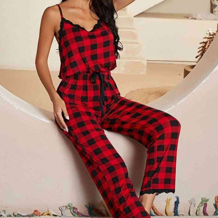 Elegant Spaghetti Strap Plaid Jumpsuit with Lace Detailing
