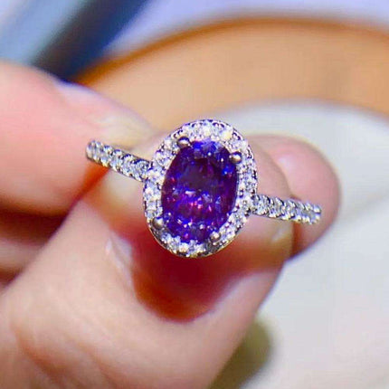 Regal Amethyst Moissanite and Silver Ring with Sparkling Zircon Accents