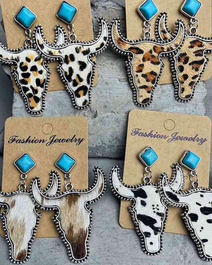 Turquoise Bull Drop Earrings with Cowhide and Alloy