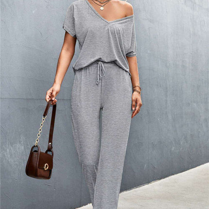 Elegant Ease V-Neck Top and Drawstring Trousers Set