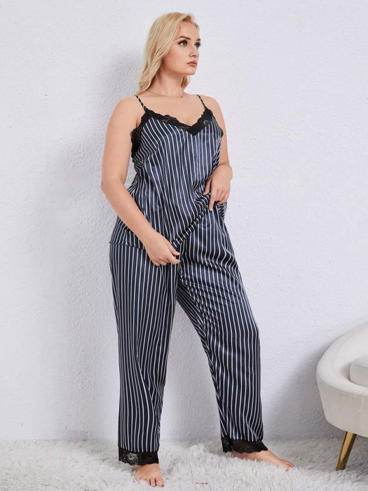 Elegant Silky Striped Plus Size Pajama Set with Delicate Lace Detail