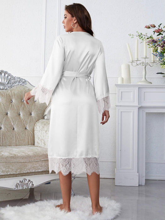 Satin Robe with Lace Trim, Cinched Waist, and Surplice Neckline
