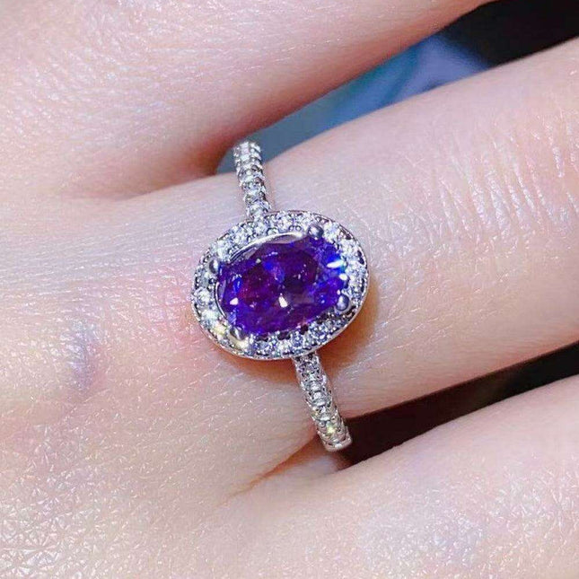 Regal Amethyst Moissanite and Silver Ring with Sparkling Zircon Accents