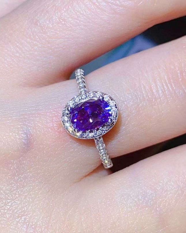 Regal Amethyst Moissanite and Silver Ring with Sparkling Zircon Accents