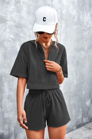 Half Zip Cropped Hooded T-Shirt and Shorts Set-Trendsi-Black-S-Très Elite