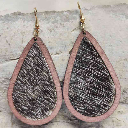 Rustic Elegance Cowhide Leather and Wood Teardrop Earrings - Bold Western-Inspired Statement Accessories