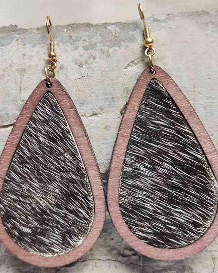 Rustic Elegance Cowhide Leather and Wood Teardrop Earrings - Bold Western-Inspired Statement Accessories