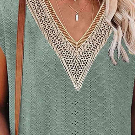 Elegant Eyelet Chevron V-Neck Tee with Stylish Openwork Design
