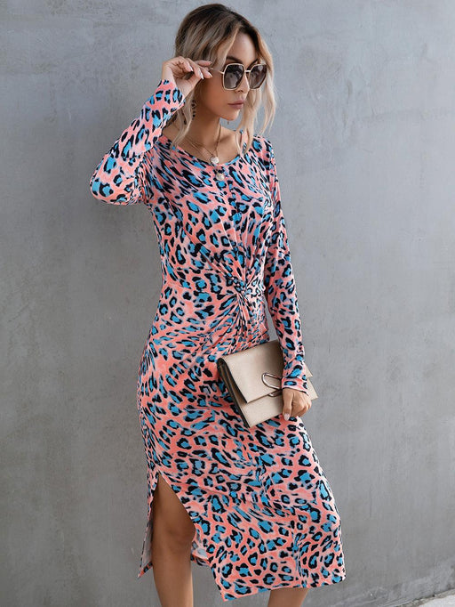 Leopard Print Twisted Slit Midi Dress