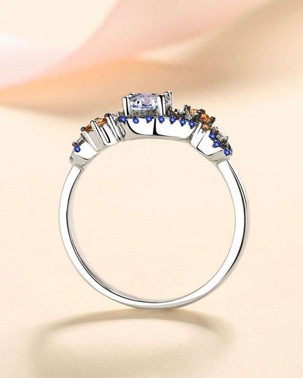 Elegant Moissanite and Zircon Sterling Silver Ring Set with Rhodium Finish