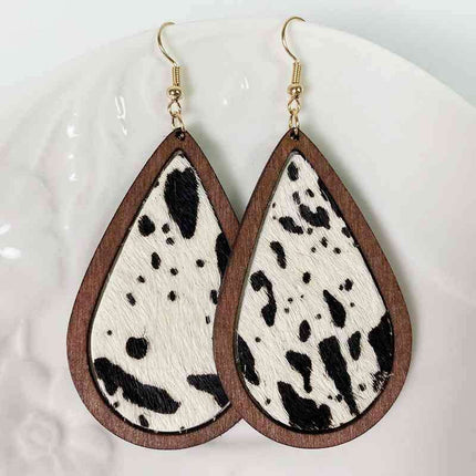 Rustic Elegance Cowhide Leather and Wood Teardrop Earrings - Bold Western-Inspired Statement Accessories