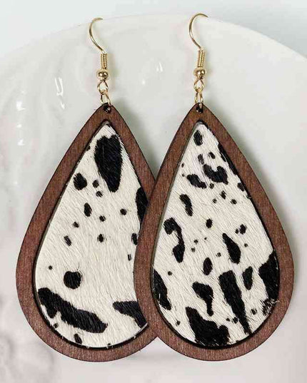 Rustic Elegance Cowhide Leather and Wood Teardrop Earrings - Bold Western-Inspired Statement Accessories