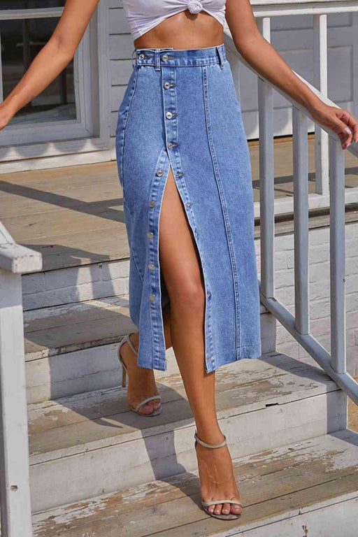 Chic Cotton Denim A-Line Skirt with Split Detail