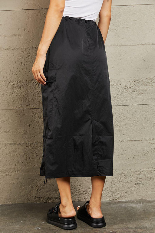 Elegant Black High Waist Cargo Midi Skirt with Elastic Scrunch Detail