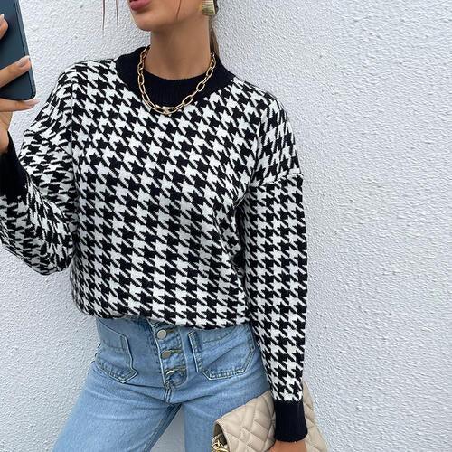Cozy Houndstooth Knit Sweater with Drop Shoulder
