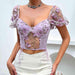 Elegant Lace-Embellished V-Neck Blouse with Puff Sleeves