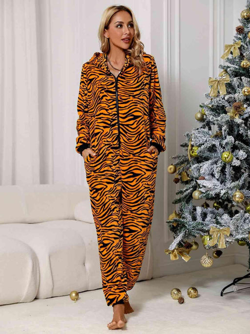 Luxe Animal Print Lounge Jumpsuit with Front Zip and Pockets