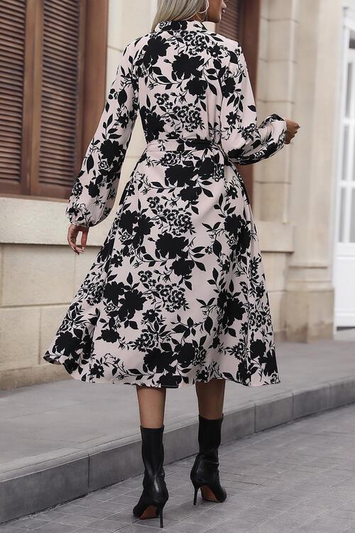 Floral Elegance Sheer Sleeve Midi Dress with Front Slit