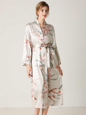 Floral Tie Waist Long Sleeve Robe-Trendsi-Light Gray-S-Très Elite