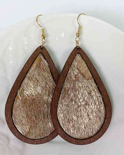 Rustic Elegance Cowhide Leather and Wood Teardrop Earrings - Bold Western-Inspired Statement Accessories