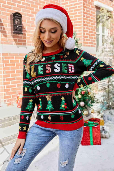 Holiday Sparkle Sequin Christmas Sweater with Round Neck