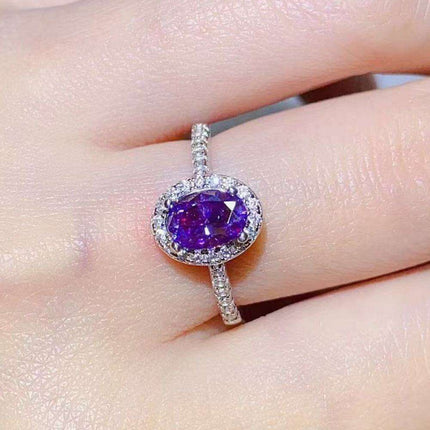Regal Amethyst Moissanite and Silver Ring with Sparkling Zircon Accents