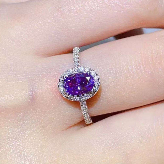 Regal Amethyst Moissanite and Silver Ring with Sparkling Zircon Accents