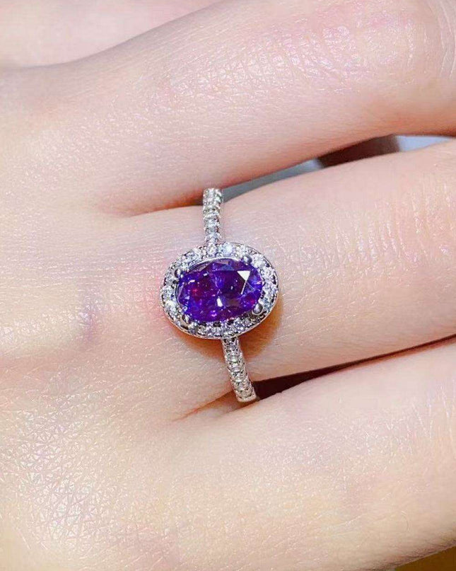 Regal Amethyst Moissanite and Silver Ring with Sparkling Zircon Accents