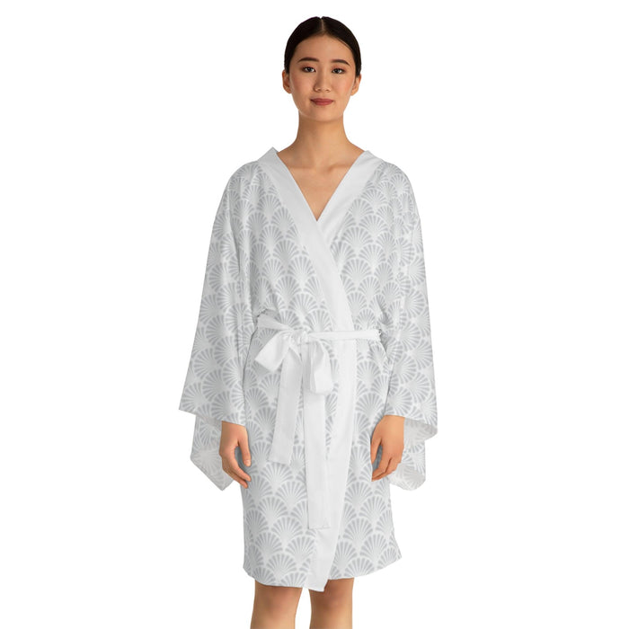 Elegant Japanese-Inspired Kimono Robe with Flowing Bell Sleeves