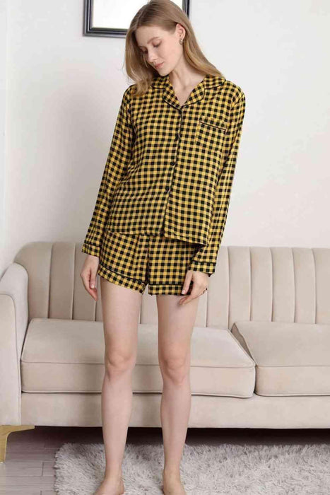 Plush Plaid Loungewear Set with Shirt and Shorts